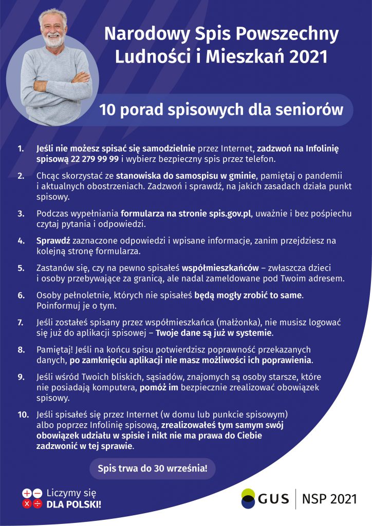 Grafika na której wypisane jest 10 porad spisowych dla seniorów w formacie JPG.