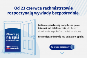 Po lewej stronie otwarte drzwi, na górze napis "Od 23 czerwca rachmistrzowie rozpoczynają wywiady bezpośrednie".