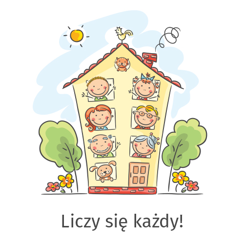Z okien domu uśmiechają się dziadek i babcia, mama i tata oraz dzieci (chłopiec i dziewczynka), a także pies i kot, na dachu siedzi kogut. Pod rysunkiem podpis „Liczy się każdy!”.