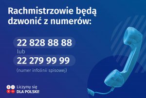 Po prawej zdjęcie słuchawki telefonu po lewej napis "Rachmistrzowie będą dzwonić z numerów: 228288888 lub 222799999"