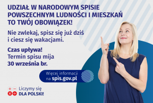 Młoda kobieta wskazuje palcem na napis "udział w narodowym spisie powszechnym to Twój obowiązek", informacja przypomina o terminie spisu