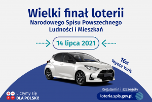 samochód na granatowym tle, na górze napis "Wielki finał loterii NSP 2021 już 14 lipca 2021 roku"