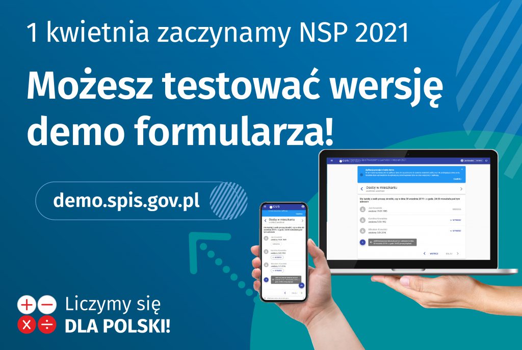 Grafika przedstawiająca komputer i telefon, na którym ustawione jest demo formularza spisowego. Treść obrazka: 1 kwietnia zaczynamy NSP 2021. Możesz testować wersję demo formularza.