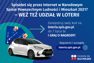 Grafika przedstawiająca nagrody w loterii wraz z informacją o możliwości udziału w loterii i konieczności zarejestrowania kodu na stronie loteria.spis.gov.pl