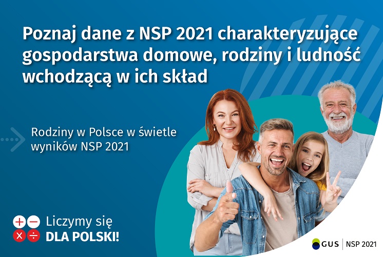 Poznaj dane z NSP 2021 charakteryzujące gospodarstwa domowe, rodziny i ludność wchodzącą w ich skład „Rodziny w Polsce w świetle wyników NSP 2021”
