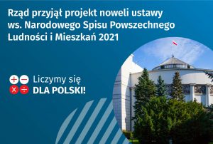 zdjęcie Sejmu na niebieskim tle, napis na obrazku "Rząd przyjął projekt noweli ustawy ws Narodowego Spisu Powszechnego Ludności i Mieszkań 2021"